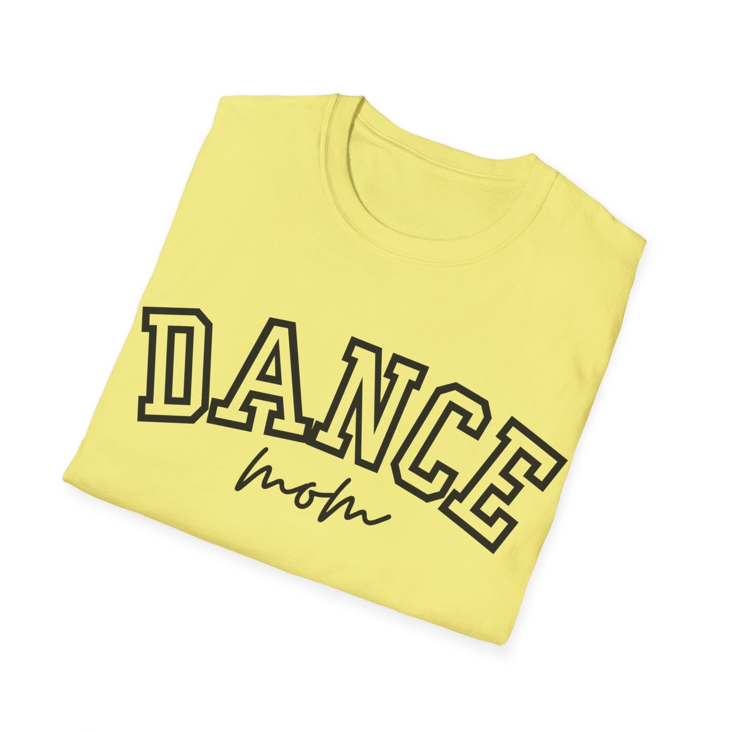 A pale yellow cotton t-shirt featuring bold black lettering that reads ’dance’ in a varsity-style font with the word ’mom’ scripted beneath it.