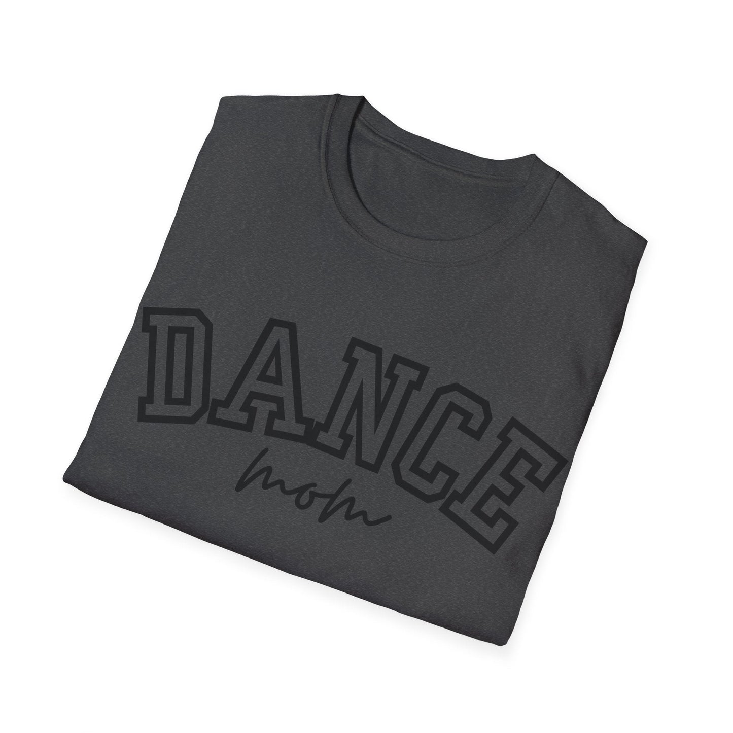 Dark gray cotton t-shirt with ’dance’ in bold arched lettering and ’mom’ scripted below.
