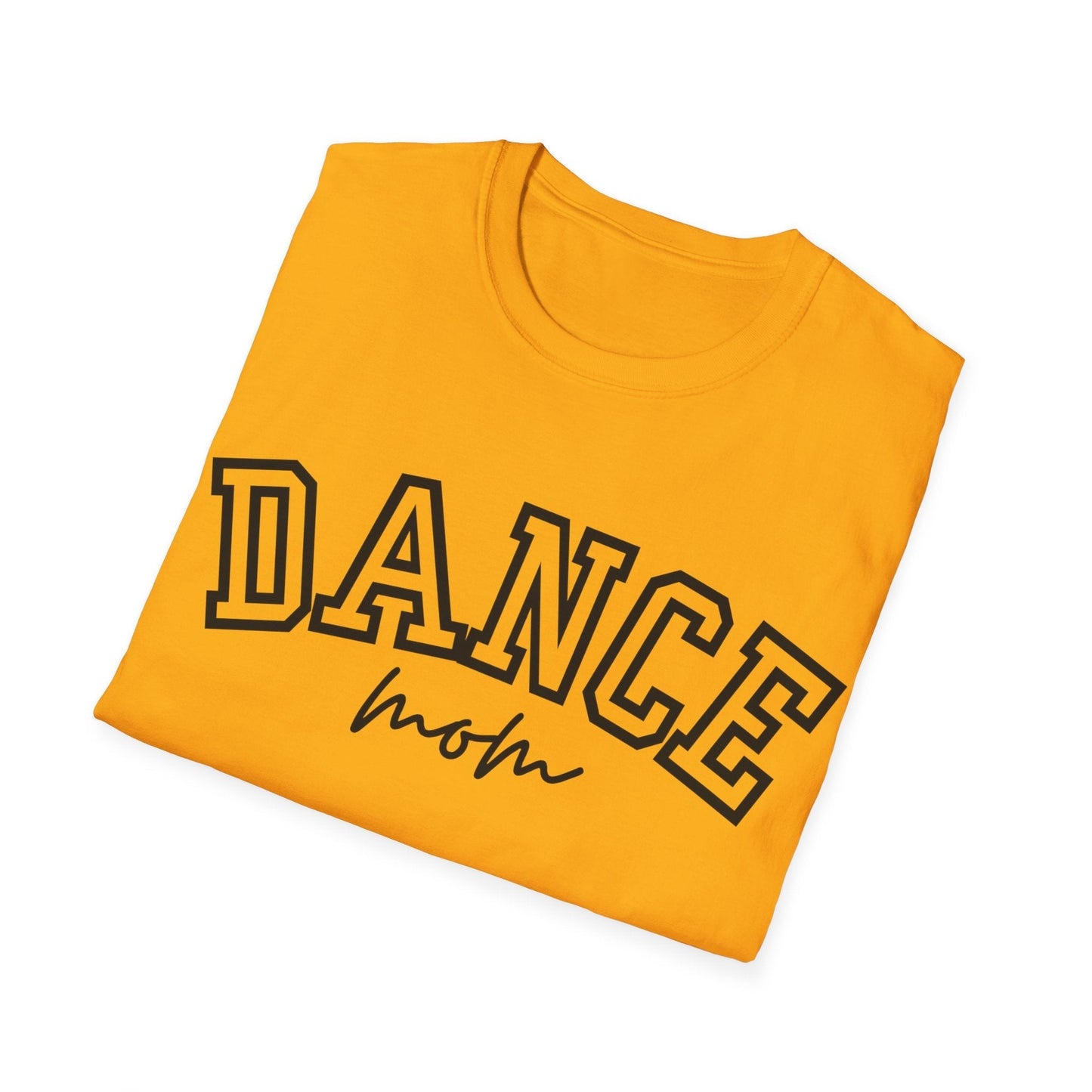 A vibrant yellow cotton t-shirt featuring bold black lettering that reads ’dance’ in a varsity-style font with the word ’mom’ scripted beneath it.