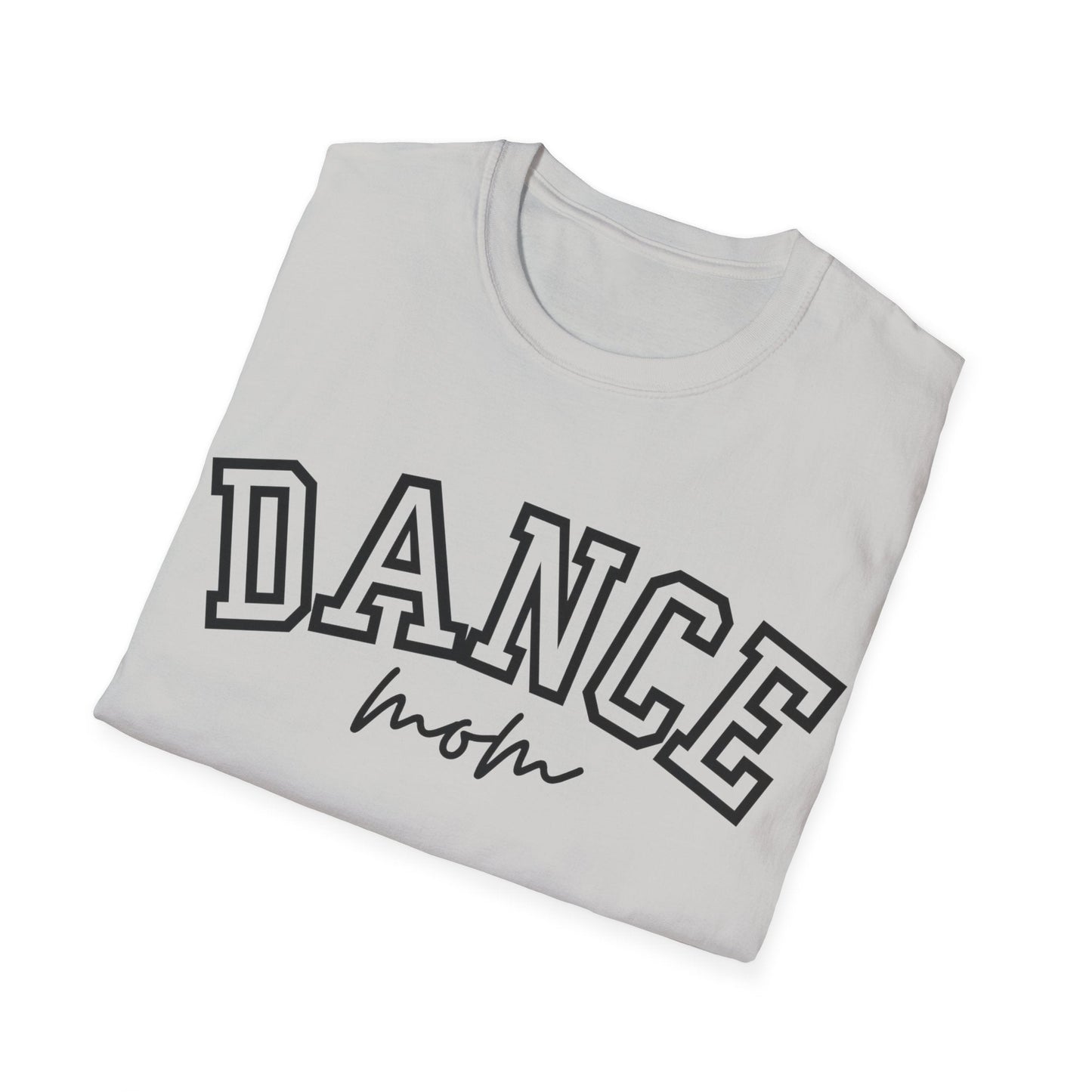 A soft gray crewneck t-shirt featuring bold black ’dance’ lettering with a stitched outline and the word ’mom’ in cursive script beneath it.