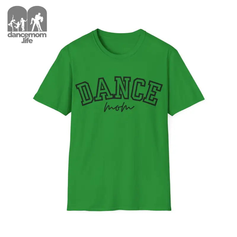 Green t-shirt with ’DANCE’ text printed in outlined letters.