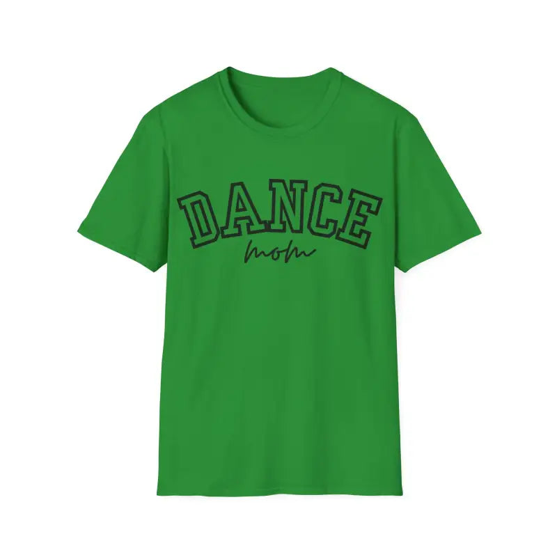 Green t-shirt with ’DANCE’ text printed in outlined letters.