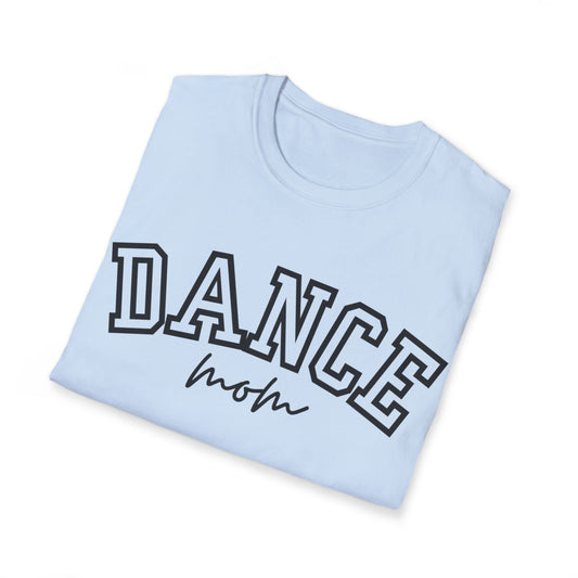 Light blue cotton t-shirt with ’dance’ in bold black outlined letters and ’mom’ written below it in a cursive script.