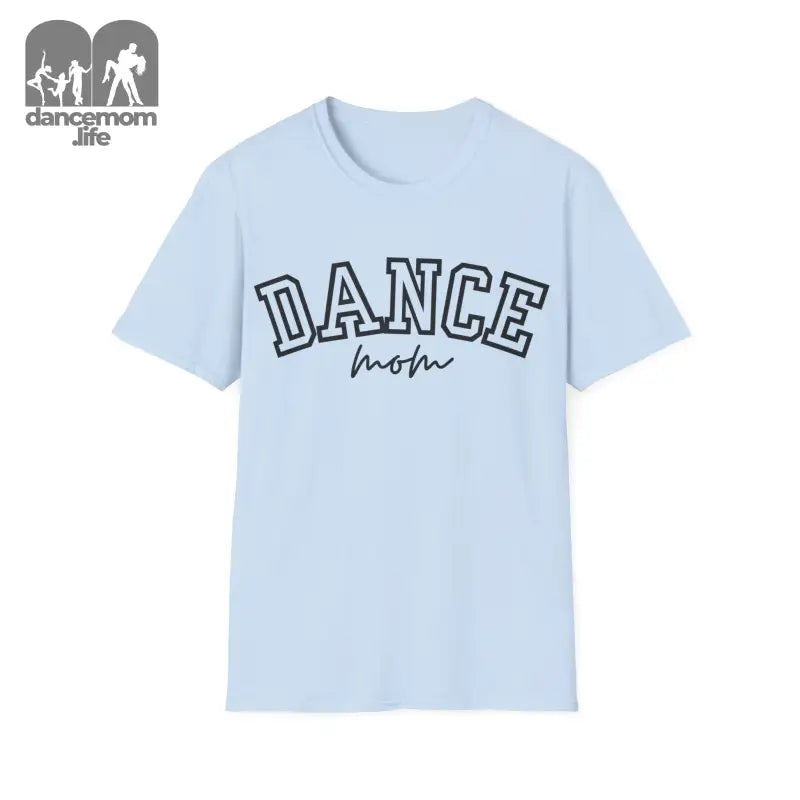 Light blue t-shirt with ’DANCE’ text printed in outlined letters.