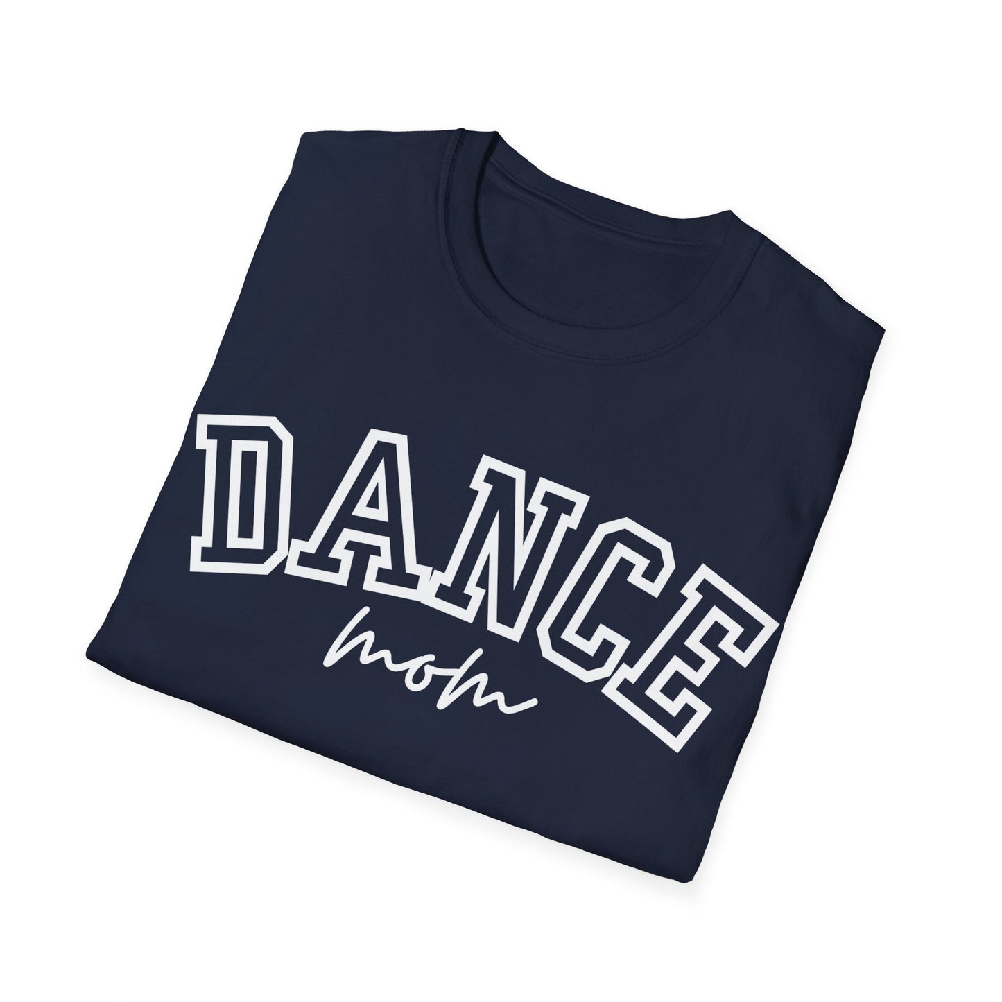 Navy blue cotton t-shirt with ’dance’ in bold white block letters and ’mom’ scripted below.