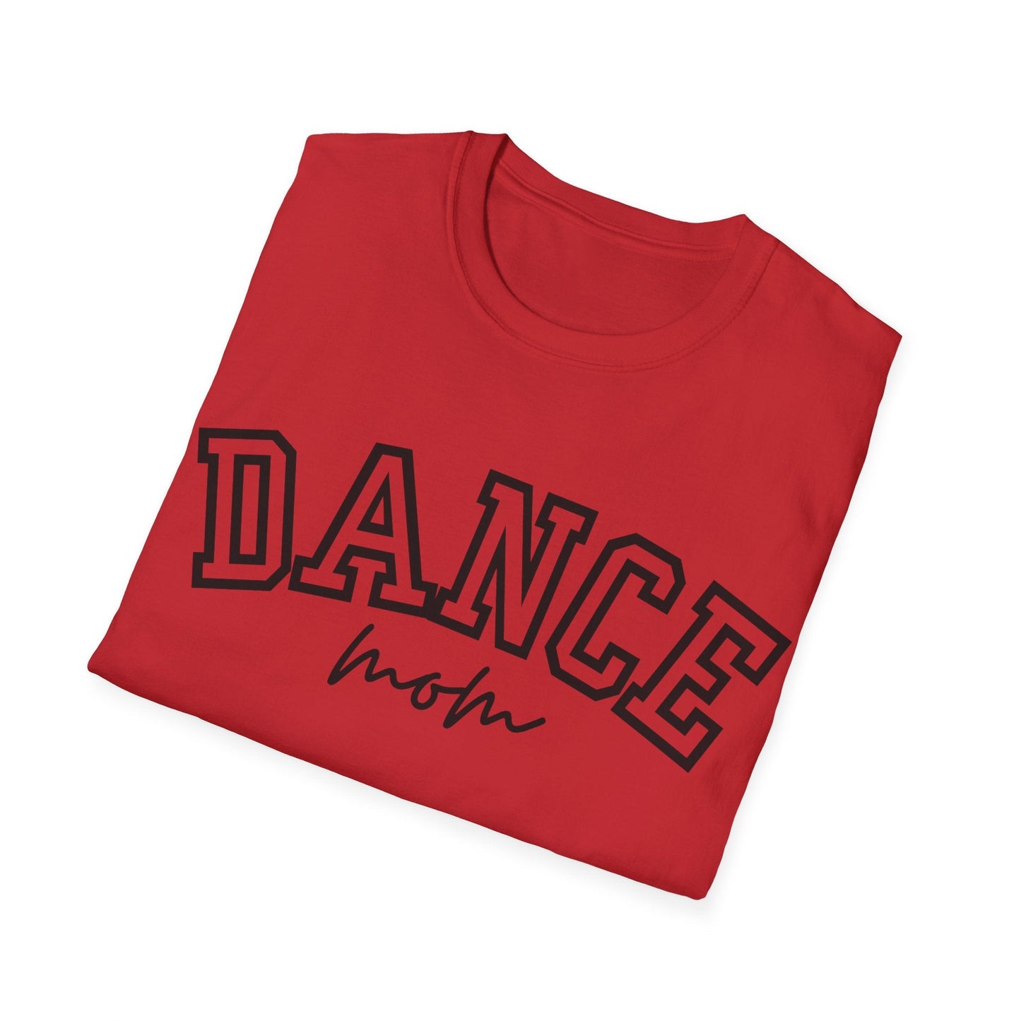 Red cotton t-shirt with ’dance’ in bold black block letters and ’mom’ written below it in a cursive script.