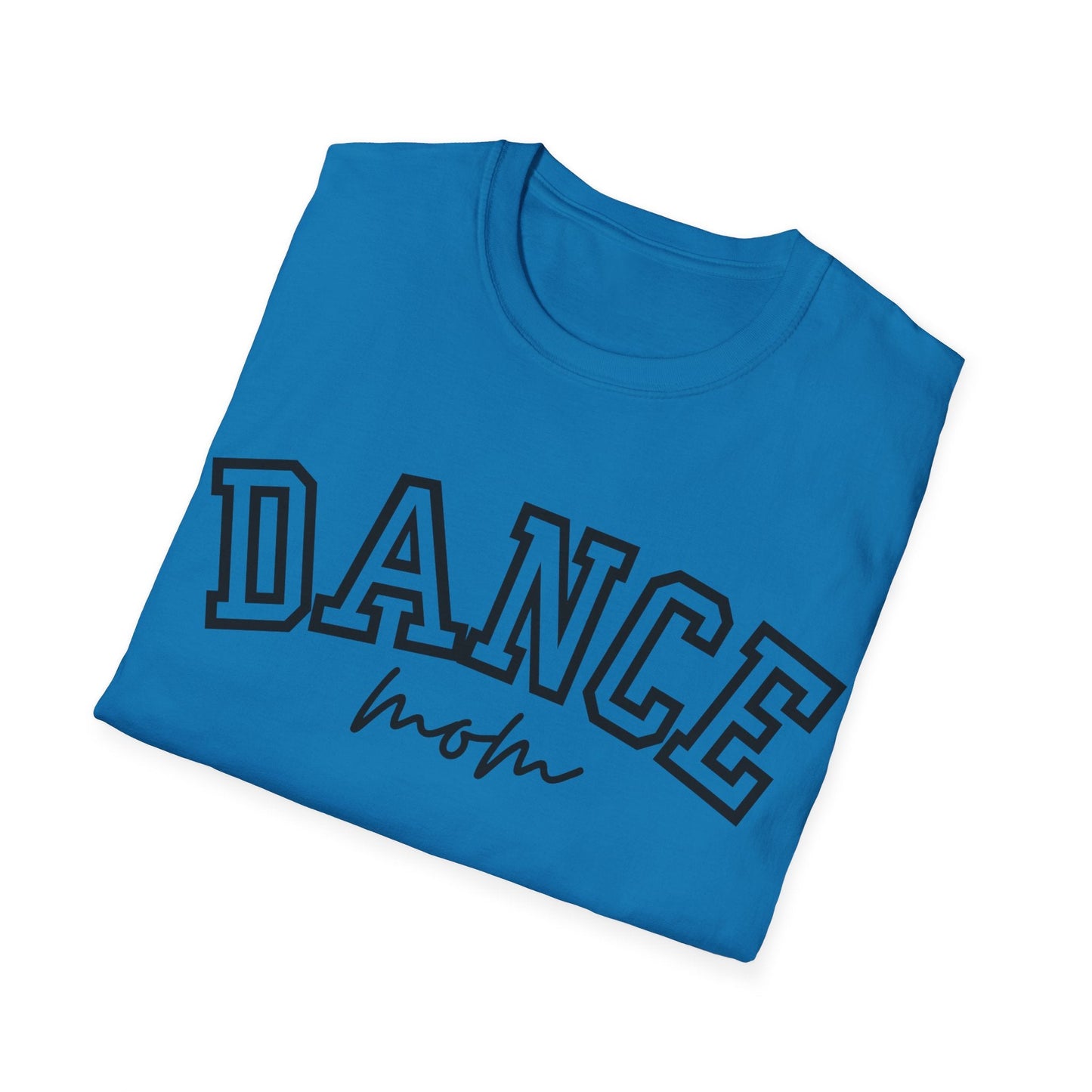 A vibrant blue cotton t-shirt featuring bold black ’dance’ lettering with a stitched outline and the word ’mom’ in cursive script beneath it.