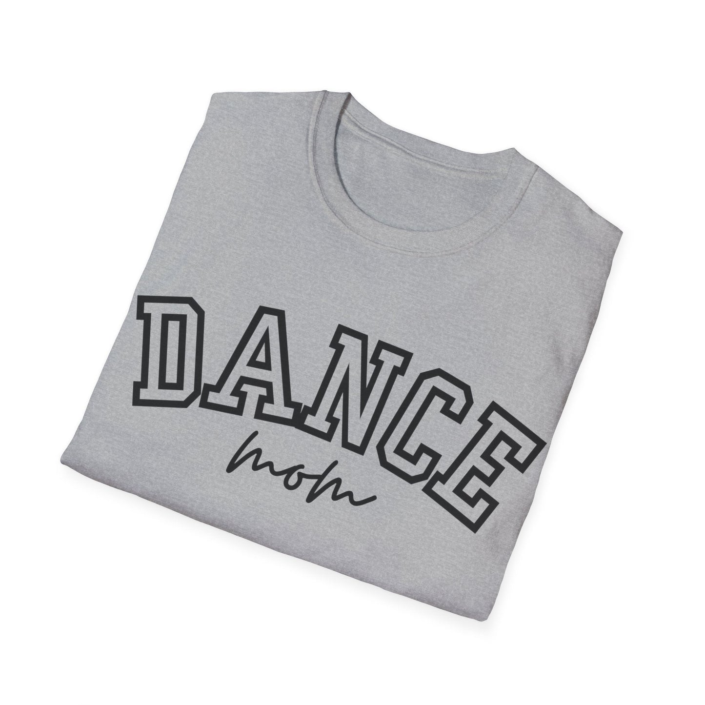 A neatly folded heather gray t-shirt featuring bold black ’dance’ lettering with a thin outline, arched above the word ’mom’ in cursive script.