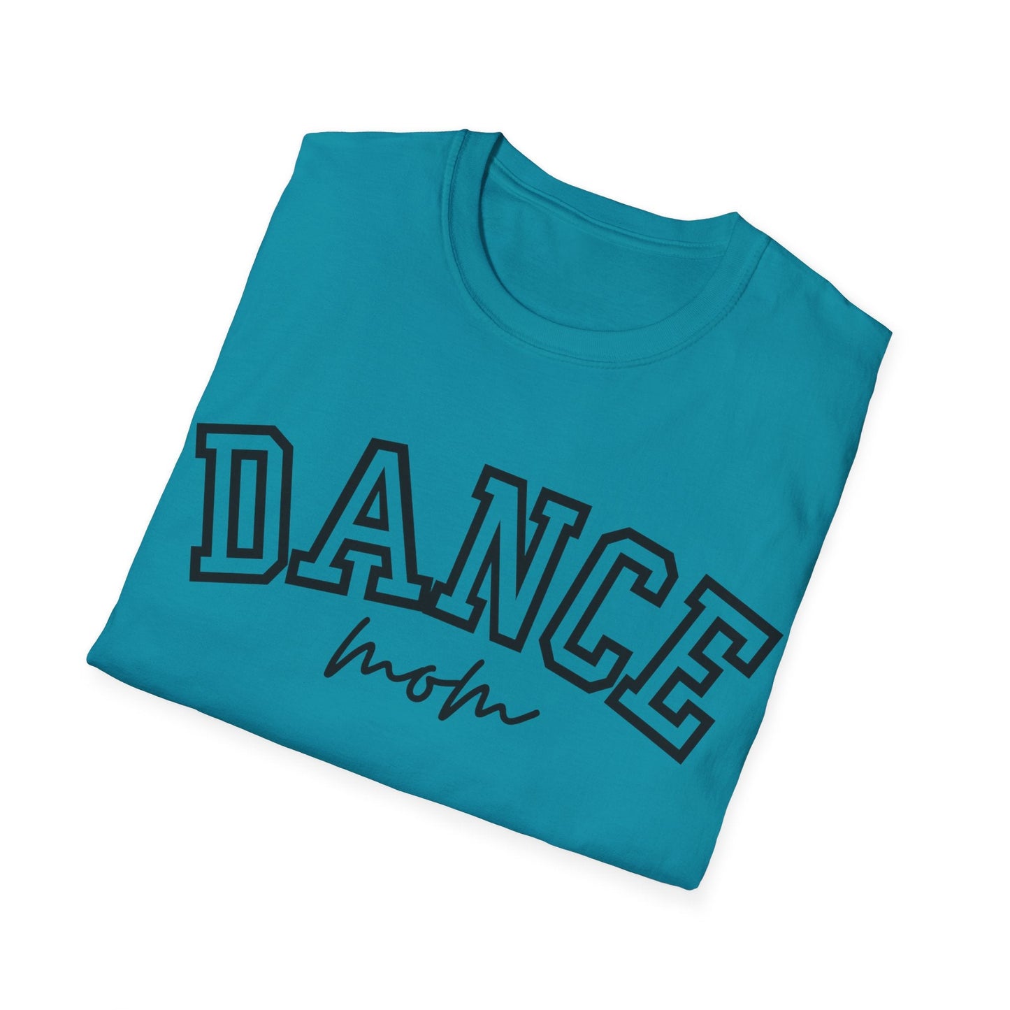 A teal cotton t-shirt featuring bold black lettering that reads ’dance’ in a varsity-style font with the word ’mom’ scripted beneath it.