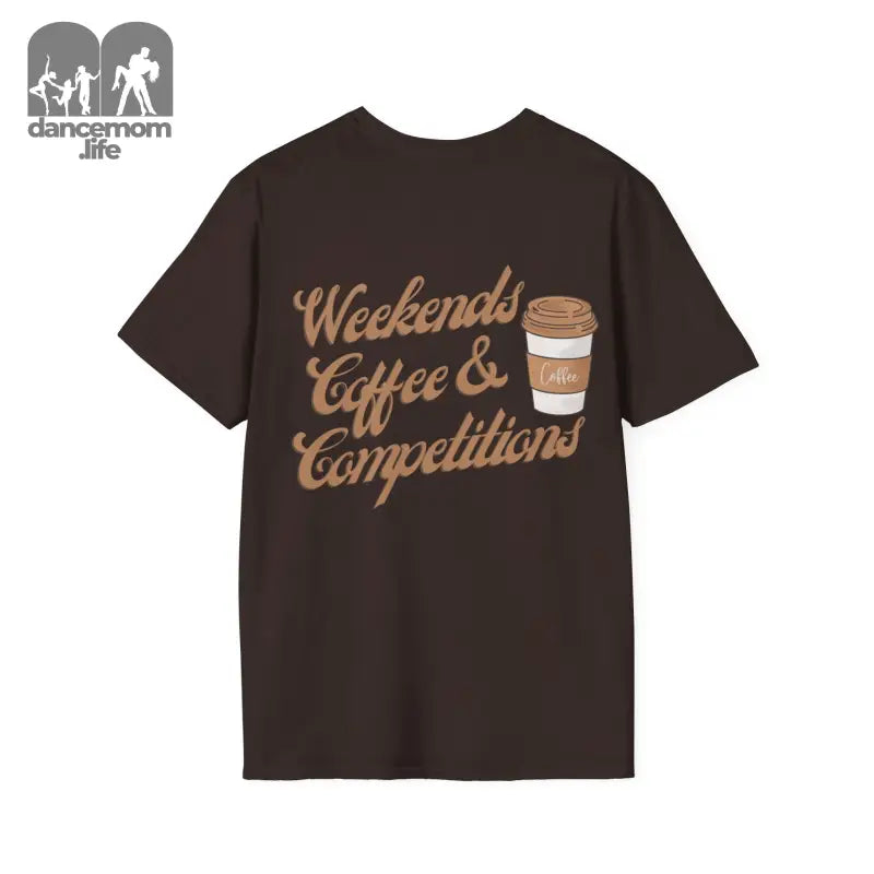 Brown t-shirt with ’Weekends Coffee & Competitions’ text and a coffee cup graphic printed on the back.