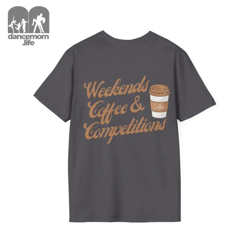 Gray t-shirt with ’Weekends Coffee & Competitions’ text and a coffee cup graphic printed on the back.