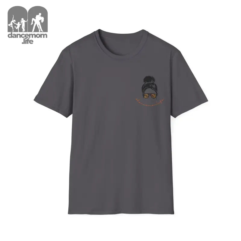 Dark gray t-shirt with a small graphic design on the chest.