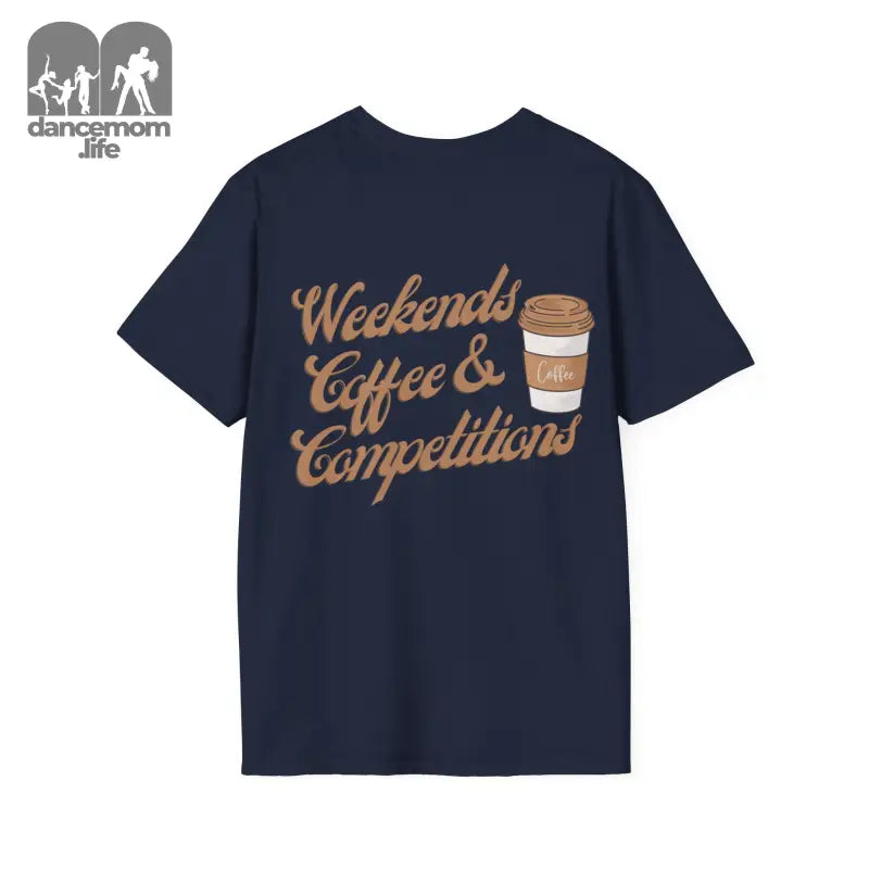 Navy blue t-shirt with ’Weekends Coffee & Competitions’ text and a coffee cup graphic printed on the back.