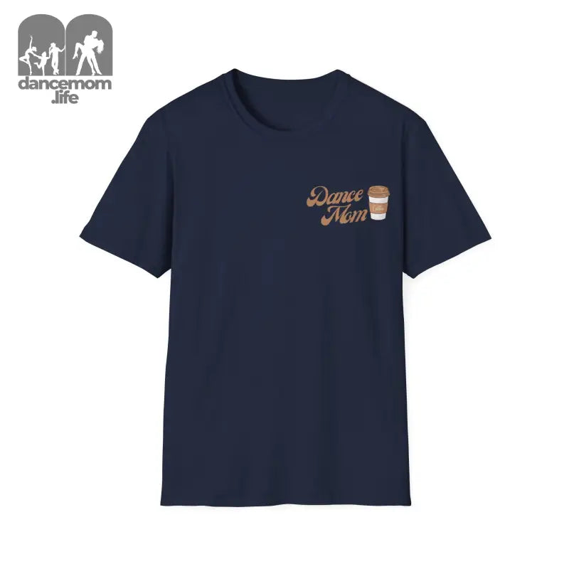 Navy blue t-shirt with ’Dance Mom’ text and coffee cup graphic on the chest.