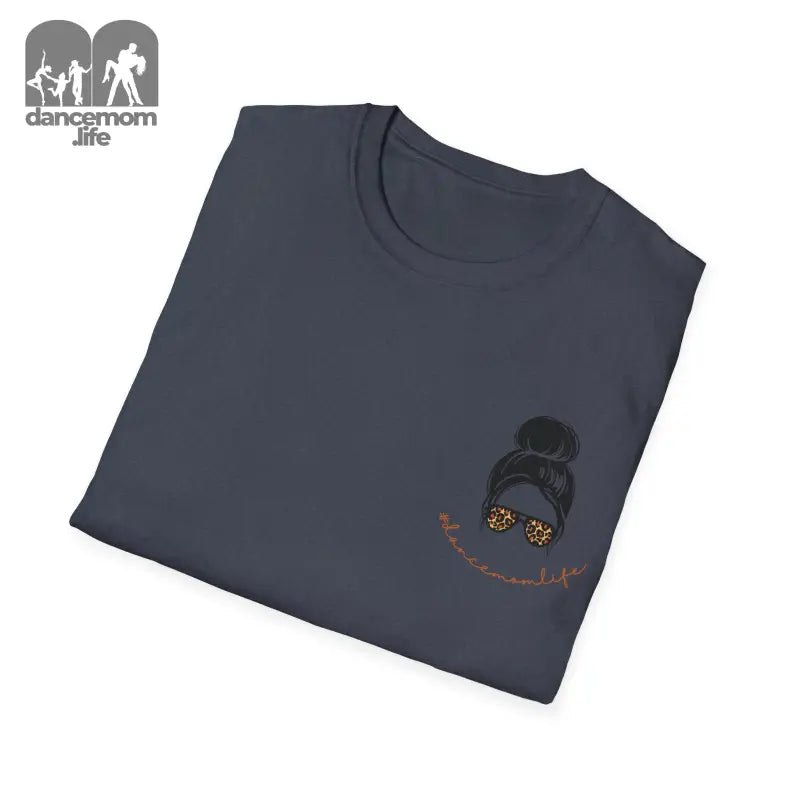 Dark gray t-shirt with a minimalist embroidered design featuring a bun hairstyle and sunglasses.