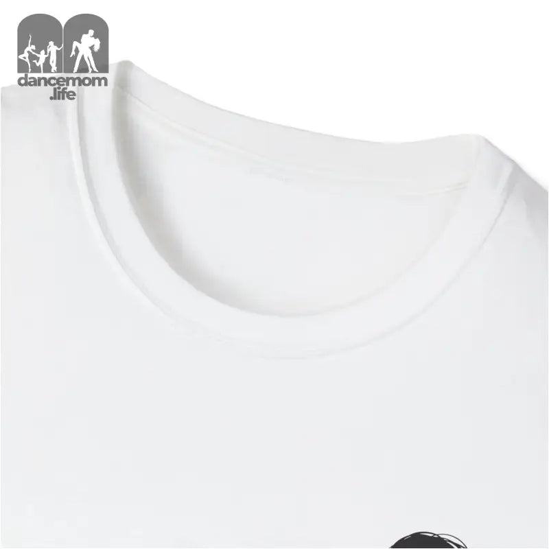 White crew neck t-shirt with partial black graphic visible.