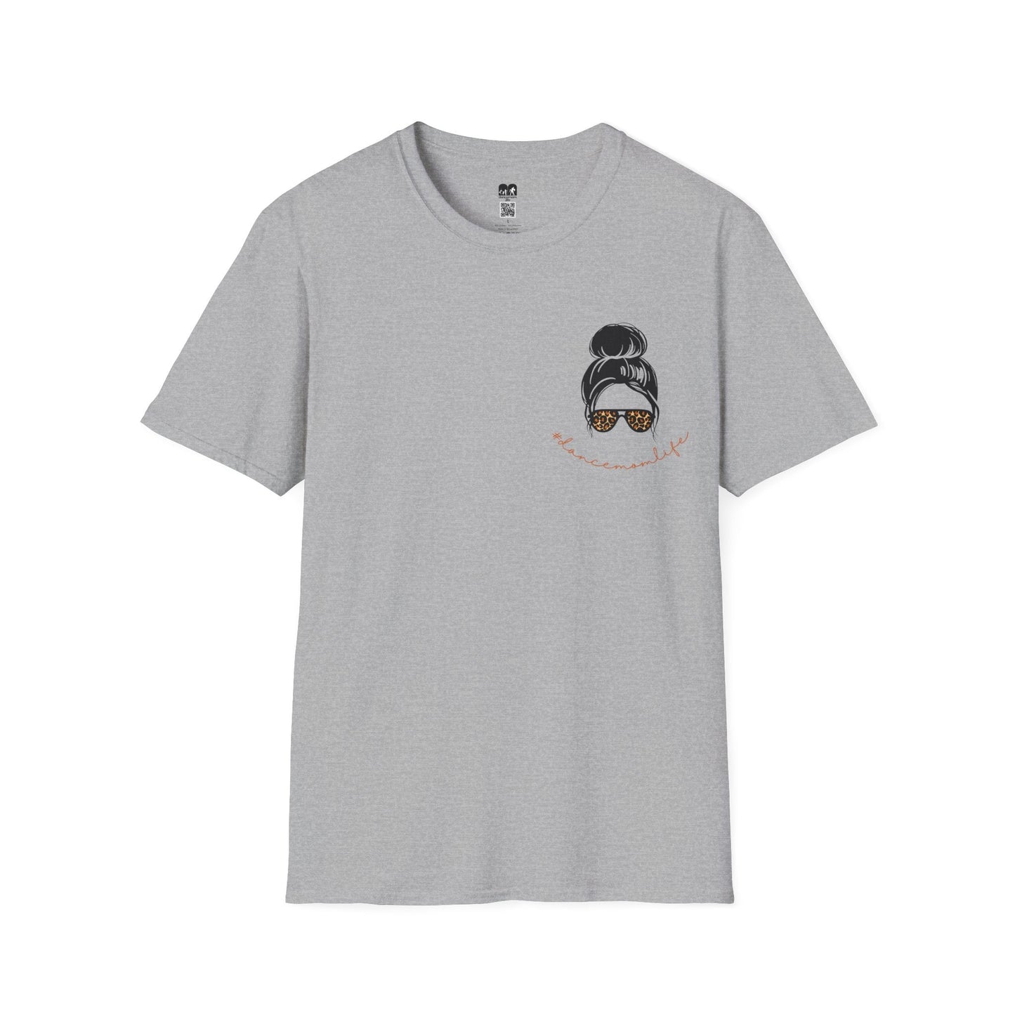 A heather gray short-sleeved t-shirt featuring a black and gold leopard-print sunglasses graphic with the text ’ladies life’ in cursive script.