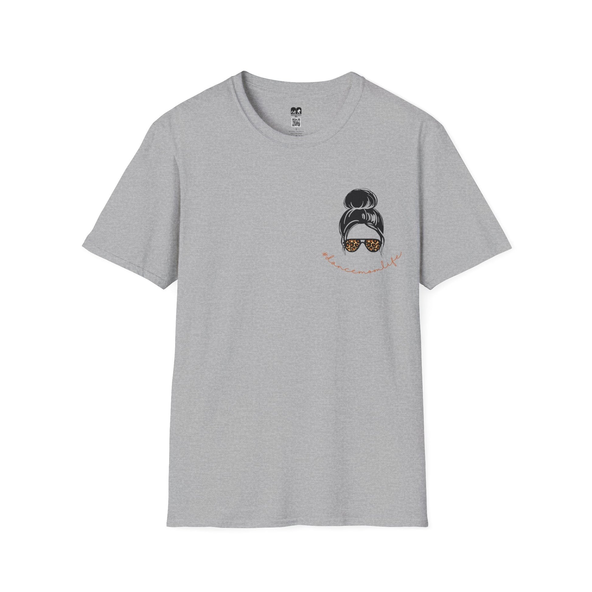 A heather gray short-sleeved t-shirt featuring a black and gold leopard-print sunglasses graphic with the text ’ladies life’ in cursive script.