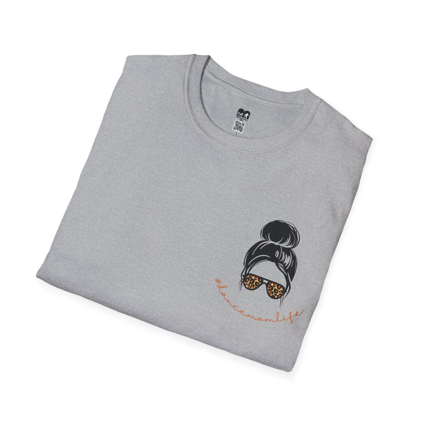 A heather gray cotton t-shirt featuring a black and leopard-print graphic of a woman with her hair in a bun, wearing sunglasses.