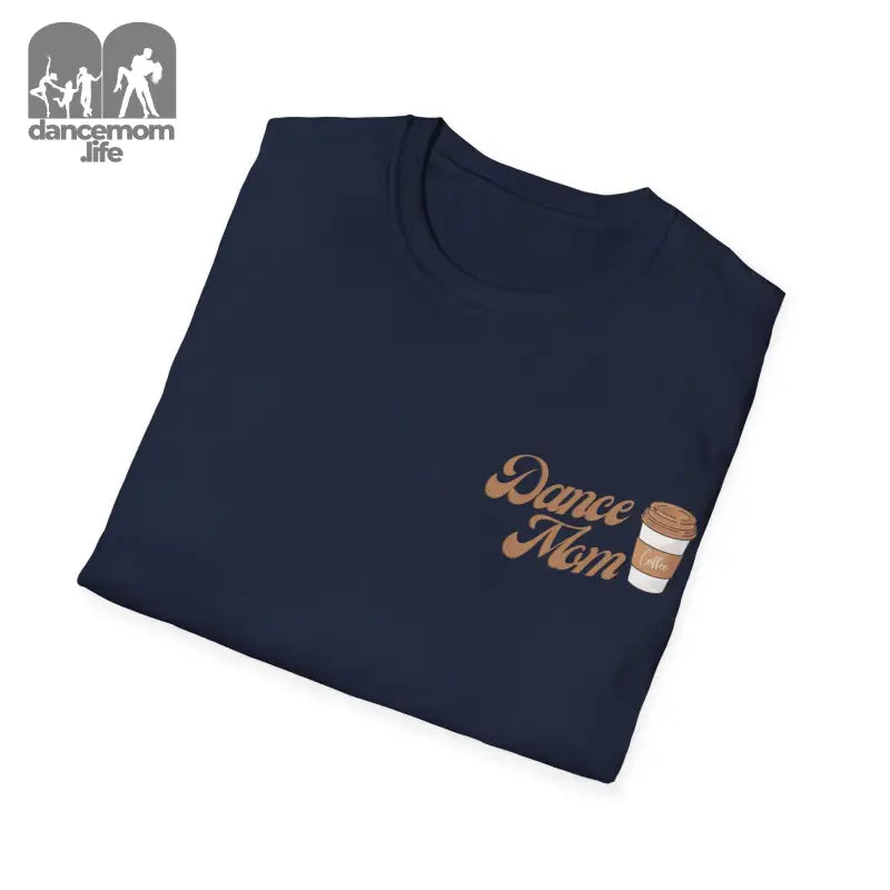 Navy blue t-shirt with ’Dance Mom’ text and coffee cup design.