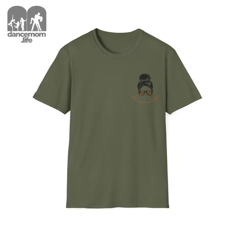 Olive green t-shirt with a small cartoon character graphic on the chest.