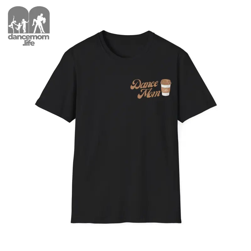 Black t-shirt with ’Dance Mom’ text and coffee cup design in brown tones.