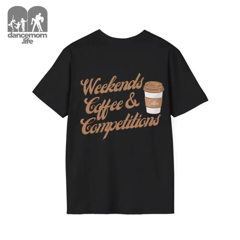 Black t-shirt with ’Weekends Coffee & Competitions’ text and coffee cup graphic in brown lettering.