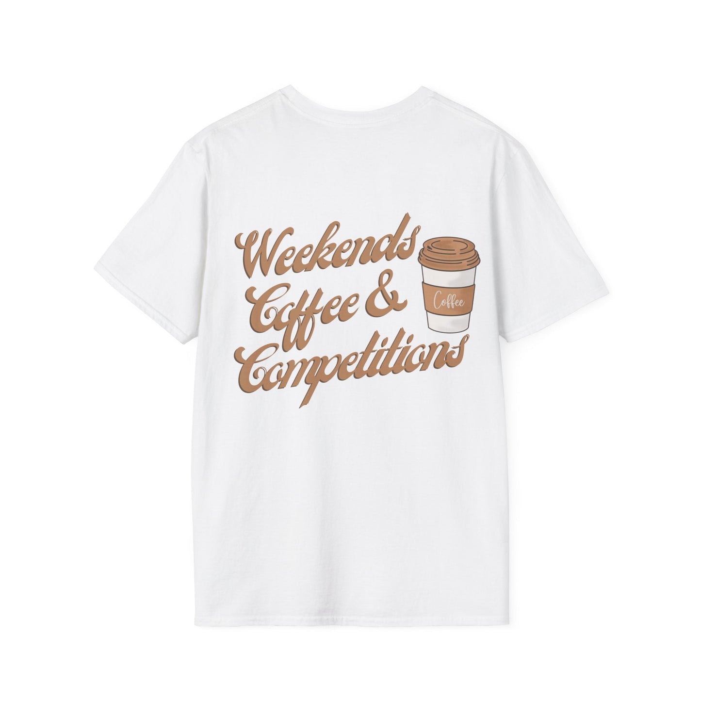 White cotton t-shirt featuring a brown graphic that reads ’weekends coffee & competitions’ with an illustrated coffee cup.