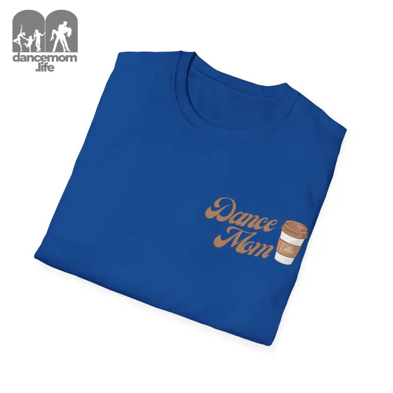 Royal blue t-shirt with ’Dance Mom’ text and coffee cup design printed in brown.