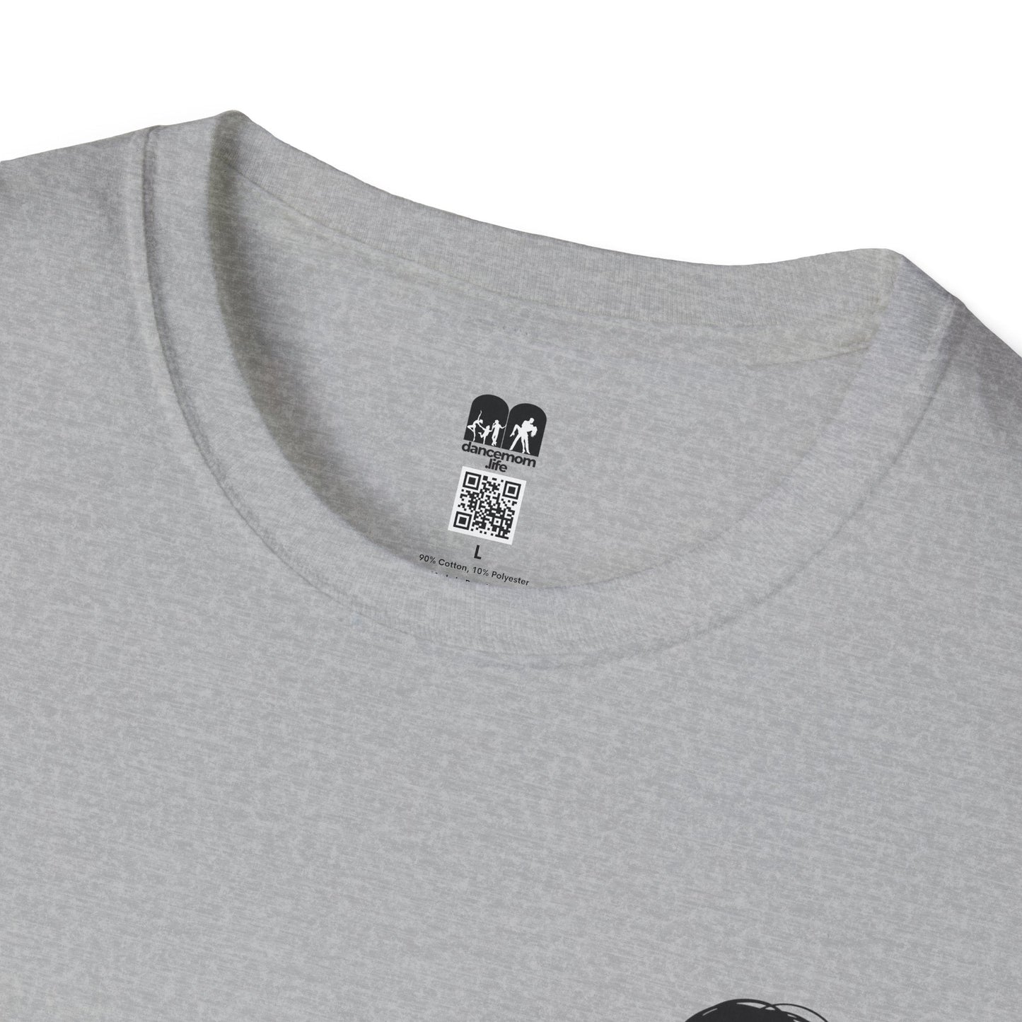 Gray heathered cotton t-shirt with a black and white ’dancemom life’ brand tag at the neckline.