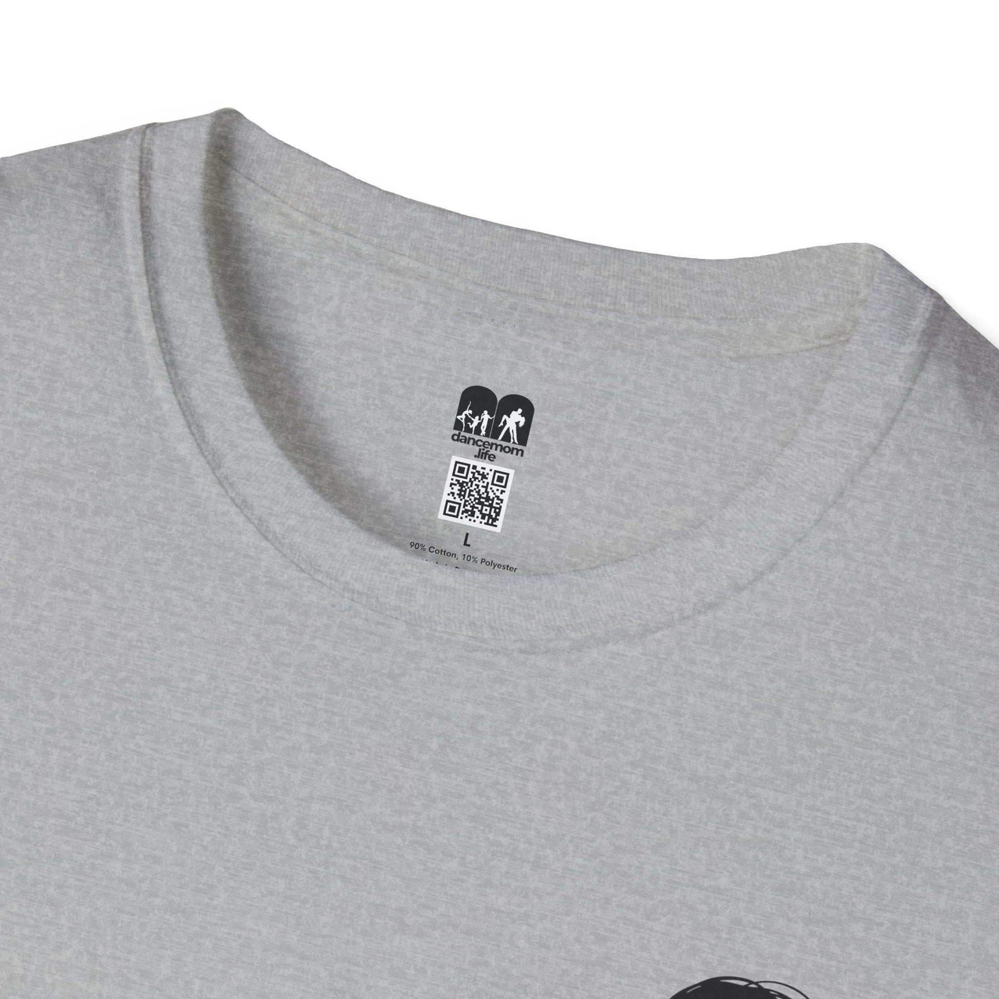 Gray heathered cotton t-shirt with a black and white ’dancemom life’ brand tag at the neckline.