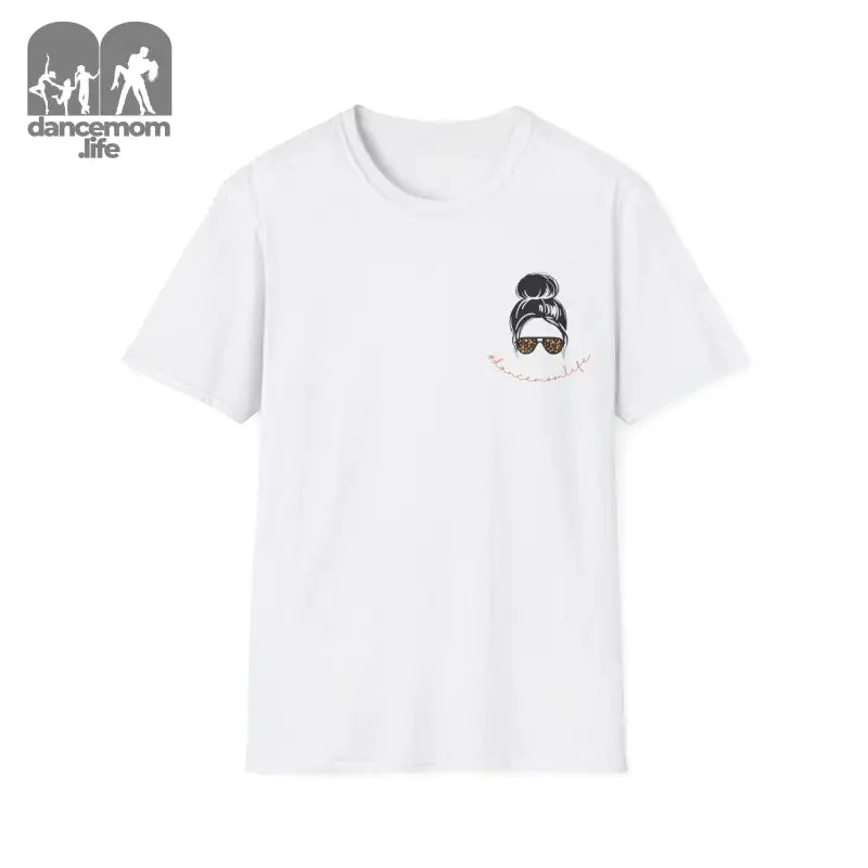 White t-shirt with a small cartoon face illustration in the chest pocket area.