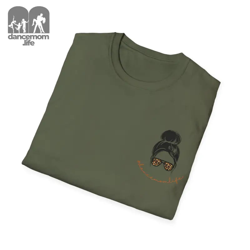 Olive green t-shirt with a small embroidered design of a bun hairstyle and sunglasses.