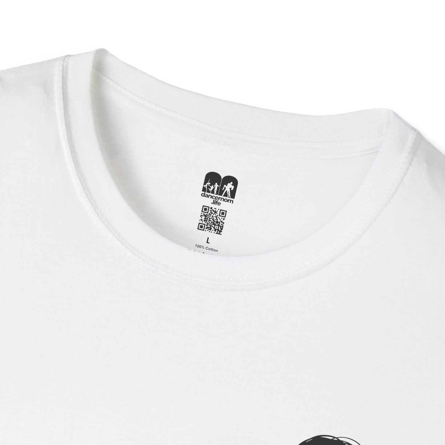 White cotton t-shirt with a black logo tag at the neckline featuring ’dancemom life’ and a qr code.