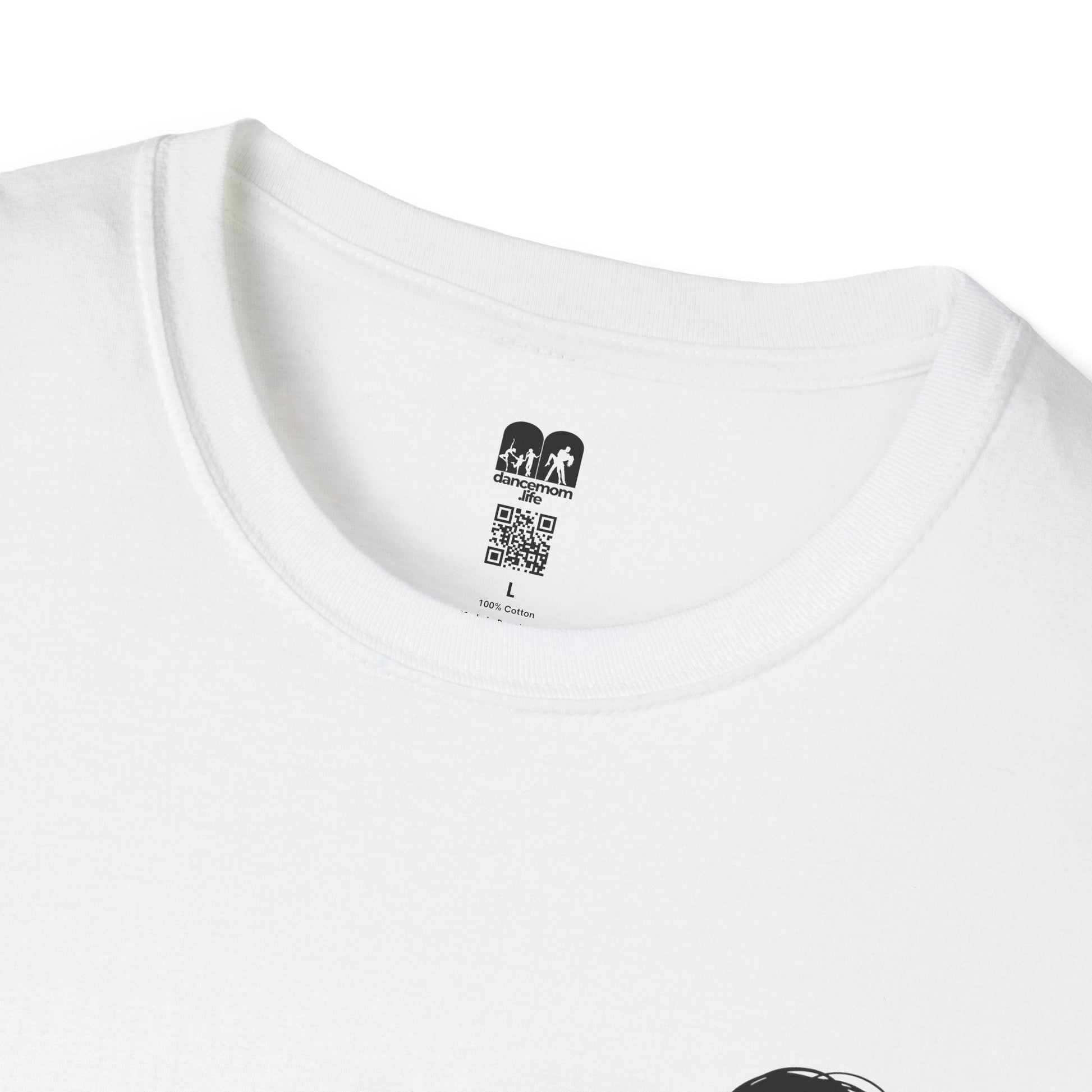 White cotton t-shirt with a black logo tag at the neckline featuring ’dancemom life’ and a qr code.