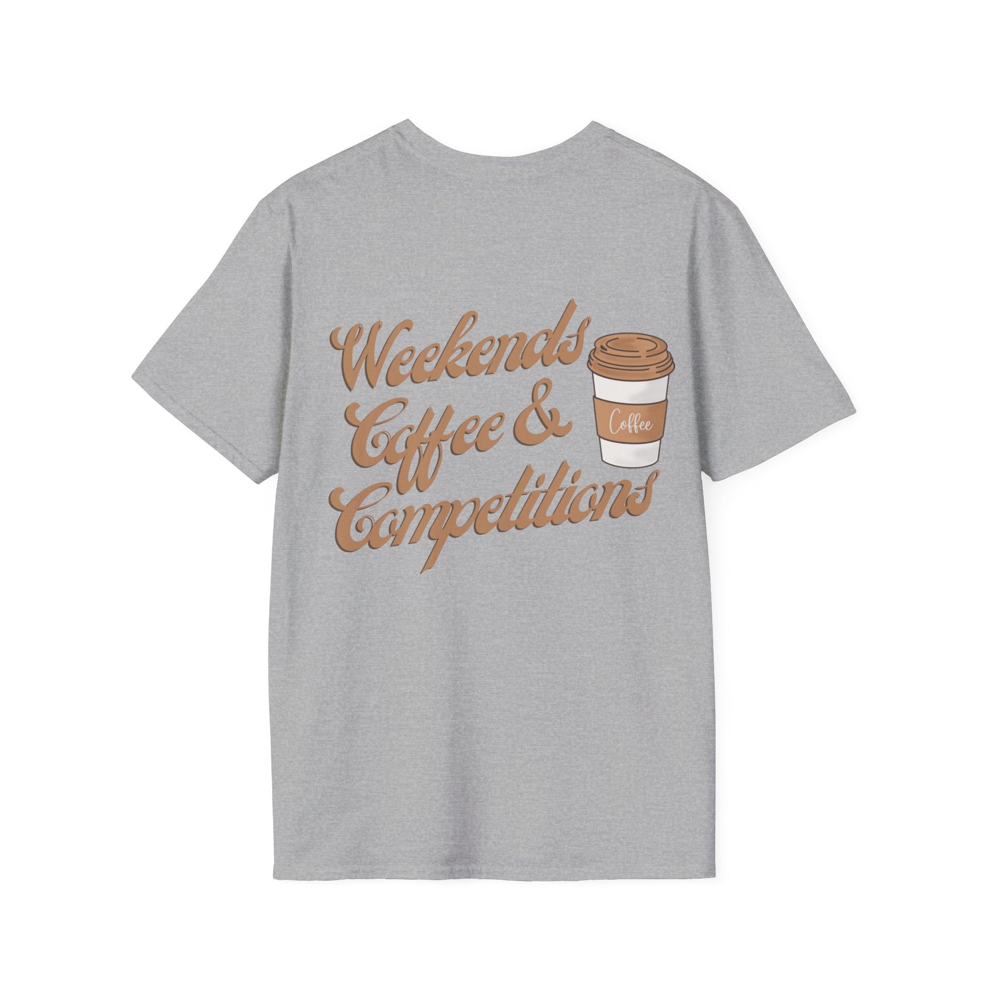 Gray cotton t-shirt featuring a brown graphic of the text ’weekends coffee & competitions’ with an illustrated coffee cup.