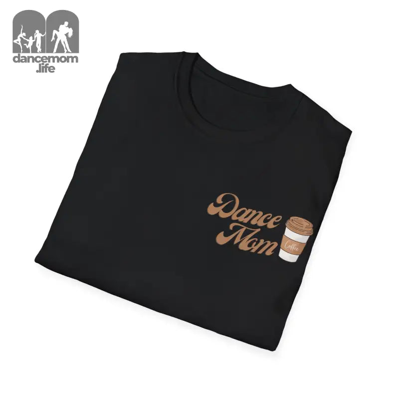 Black t-shirt with ’Dance Mom’ text and coffee cup design in brown tones.