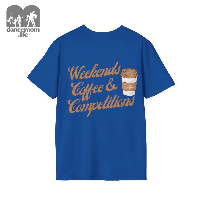 Royal blue t-shirt with ’Weekends Coffee & Competitions’ text and coffee cup graphic in tan/brown lettering.