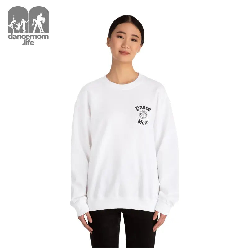 White crewneck sweatshirt with a small printed logo on the chest.