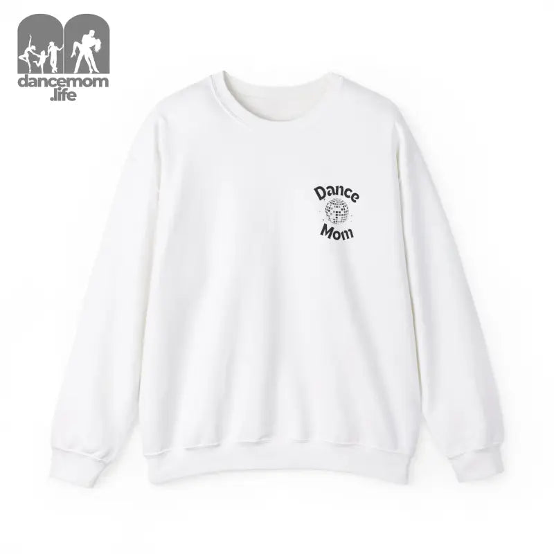 White crewneck sweatshirt with a small ’Dance Mom’ text and graphic on the chest.