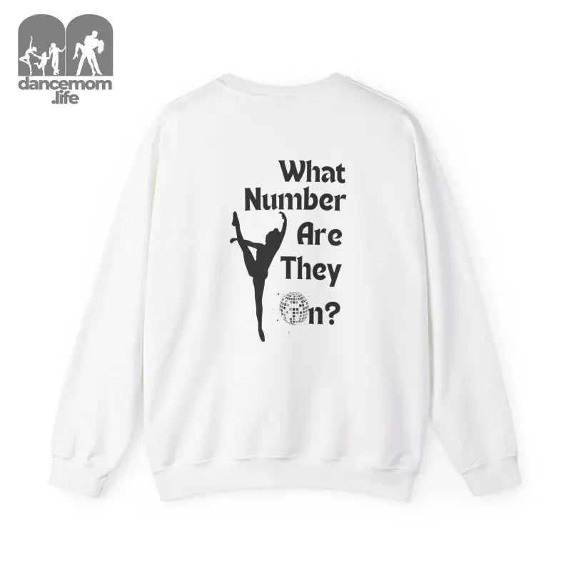 White sweatshirt with black text and a silhouette of a cheerleader doing a high kick.