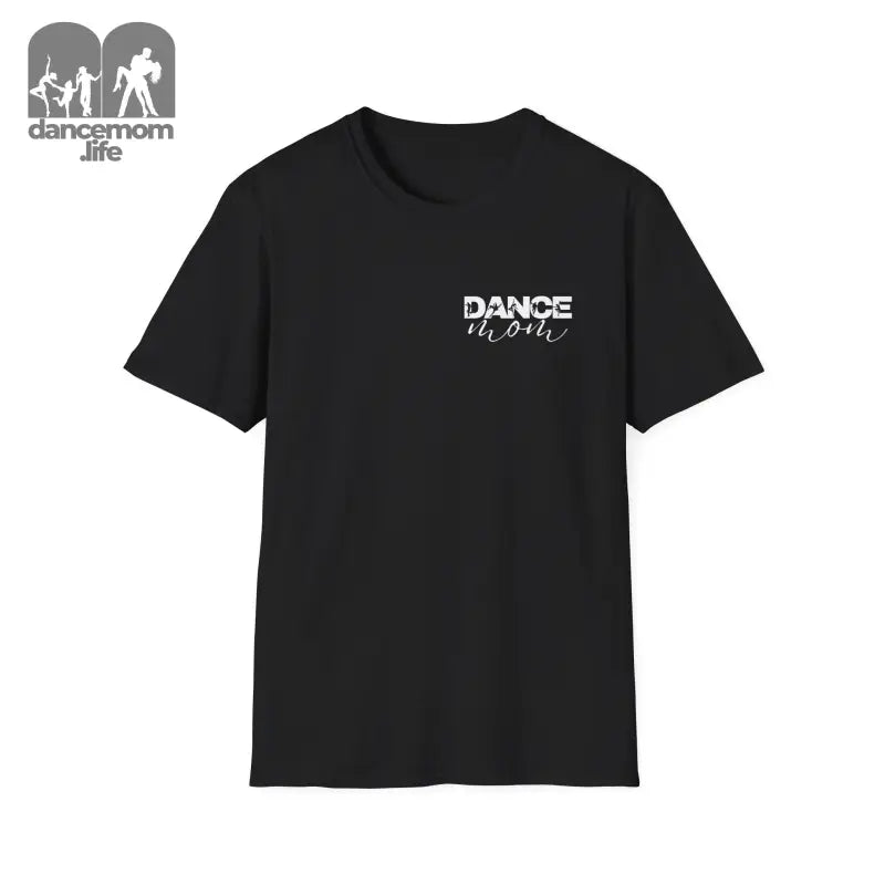 Black t-shirt with ’DANCE’ text printed in white on the chest.