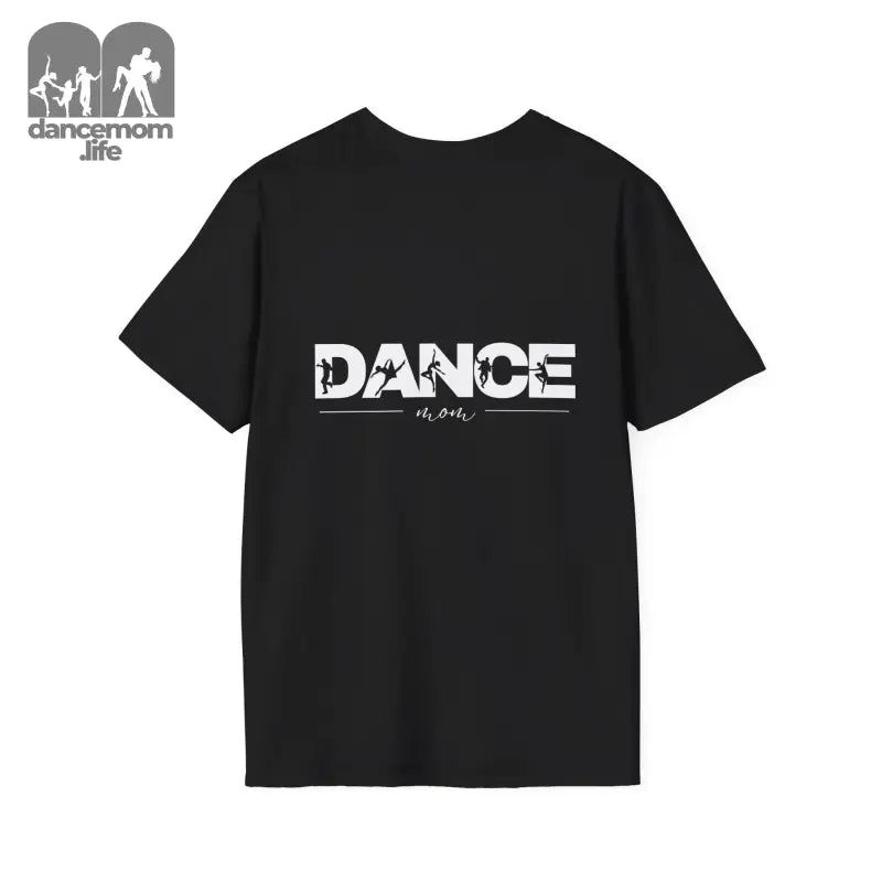 Black t-shirt with ’DANCE’ text printed in white on the front.