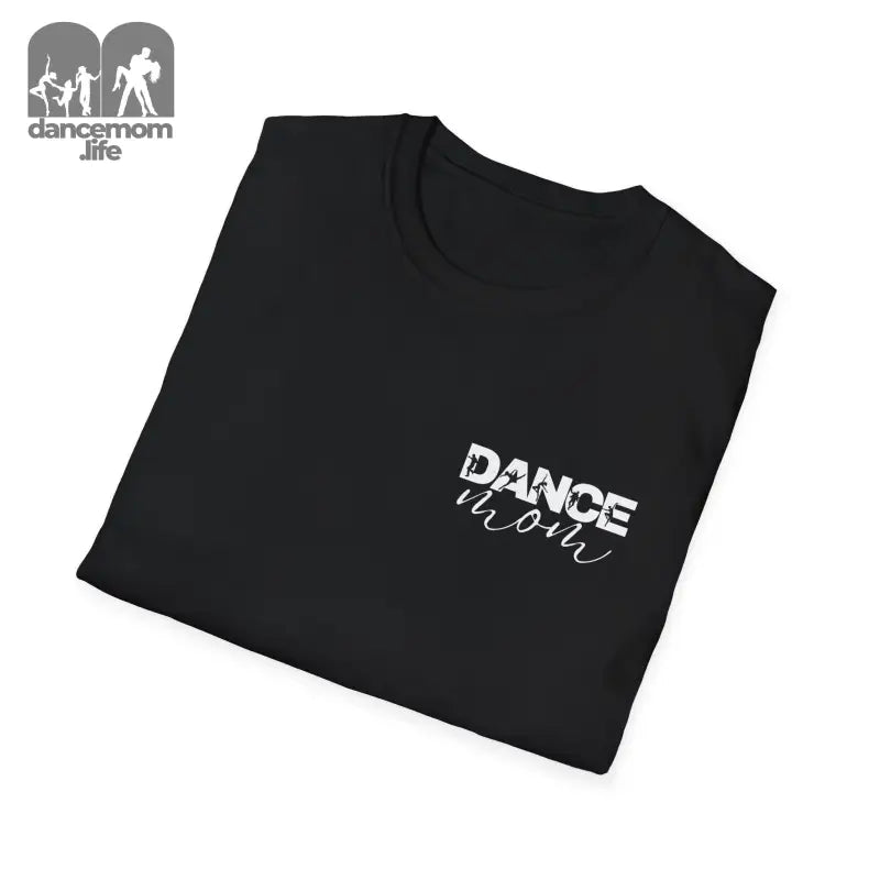 Black t-shirt with ’DANCE’ text printed in white.