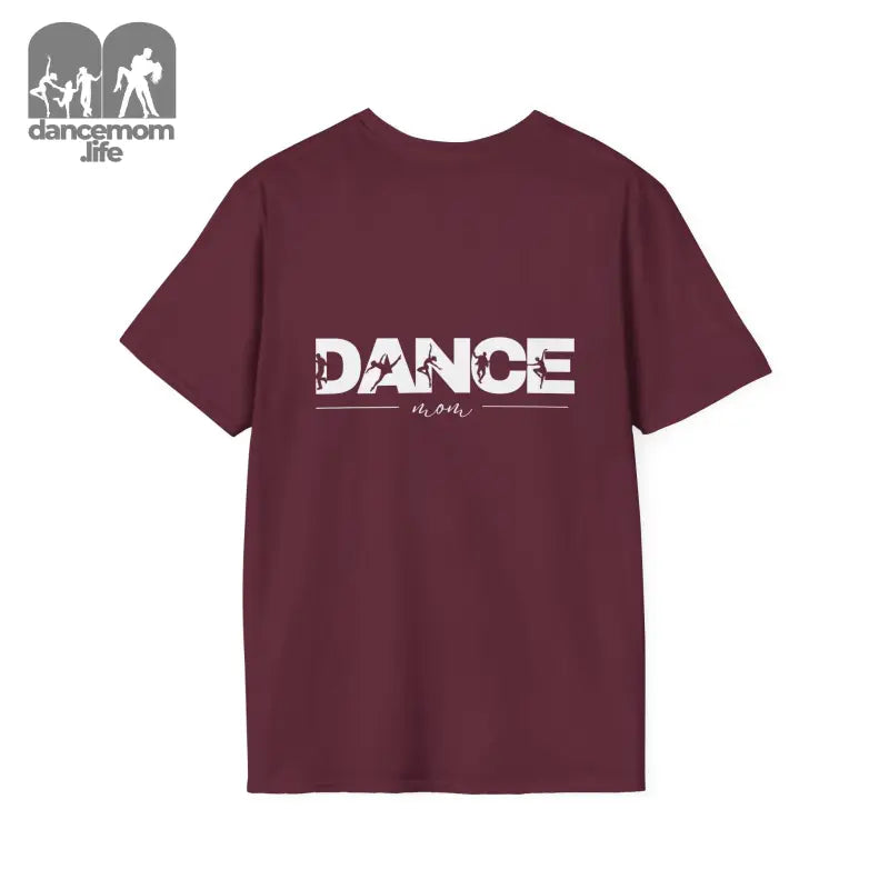 Burgundy t-shirt with ’DANCE’ text printed on the front.