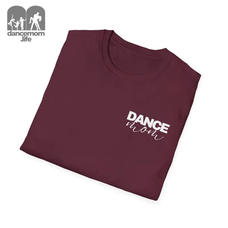 Burgundy t-shirt with ’DANCE MOM’ text printed in white.