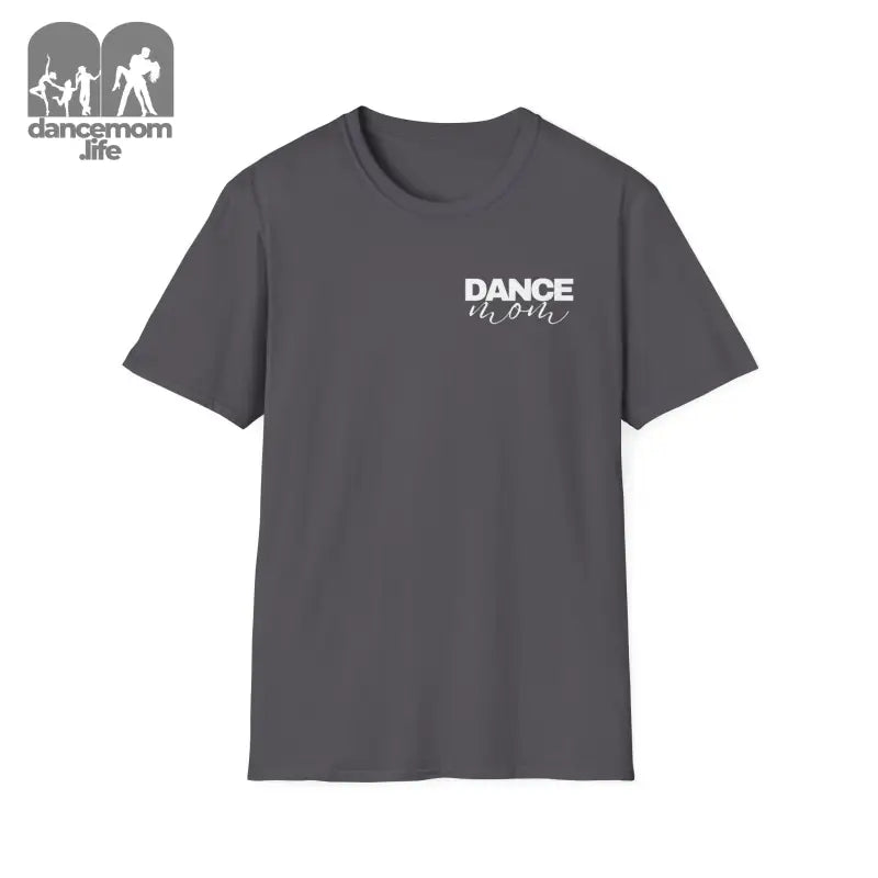 Dark gray t-shirt with ’DANCE’ printed in white on the chest.