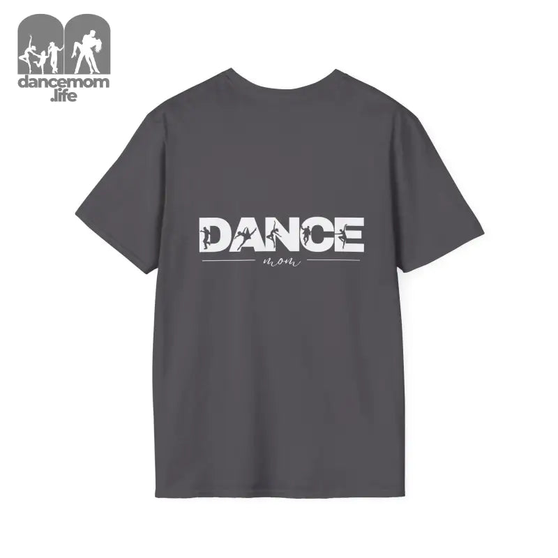 Dark gray t-shirt with ’DANCE’ text printed in white on it.