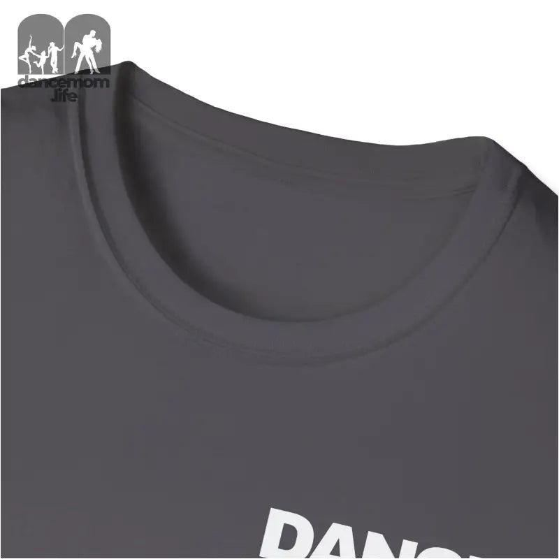 Dark gray t-shirt with white text visible on the chest area.