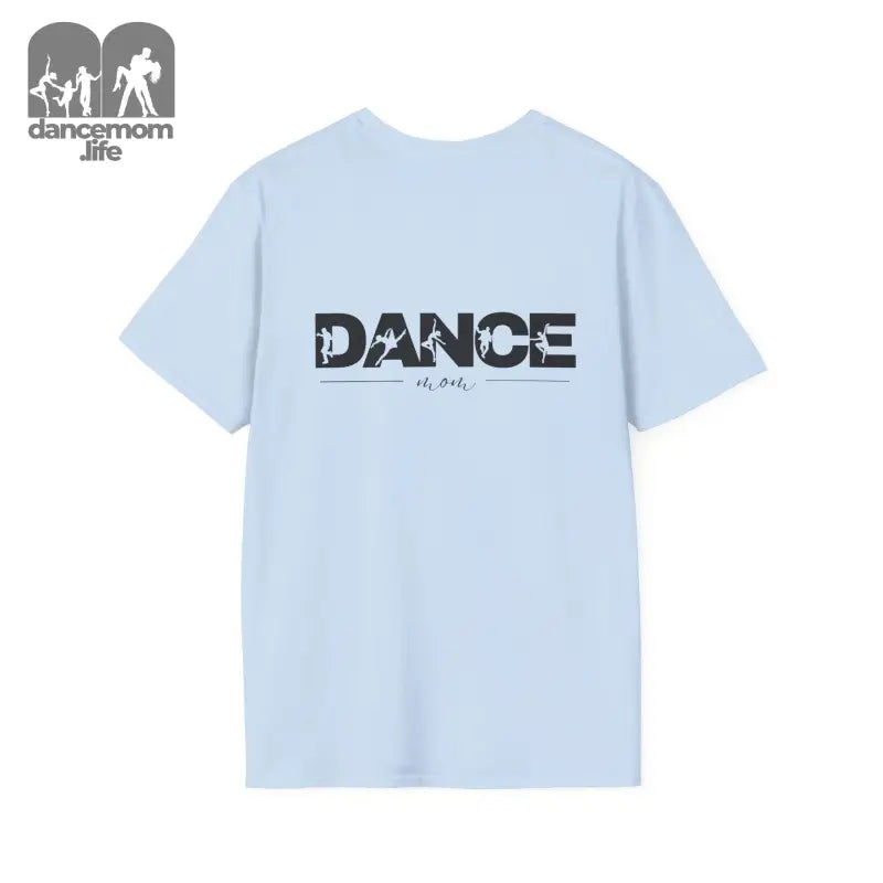 Light blue t-shirt with ’DANCE’ printed on the back in distressed black lettering.